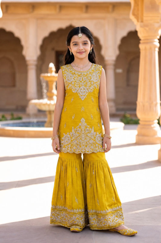 Girls Mustard Embroidered Ethnic Sharara Set