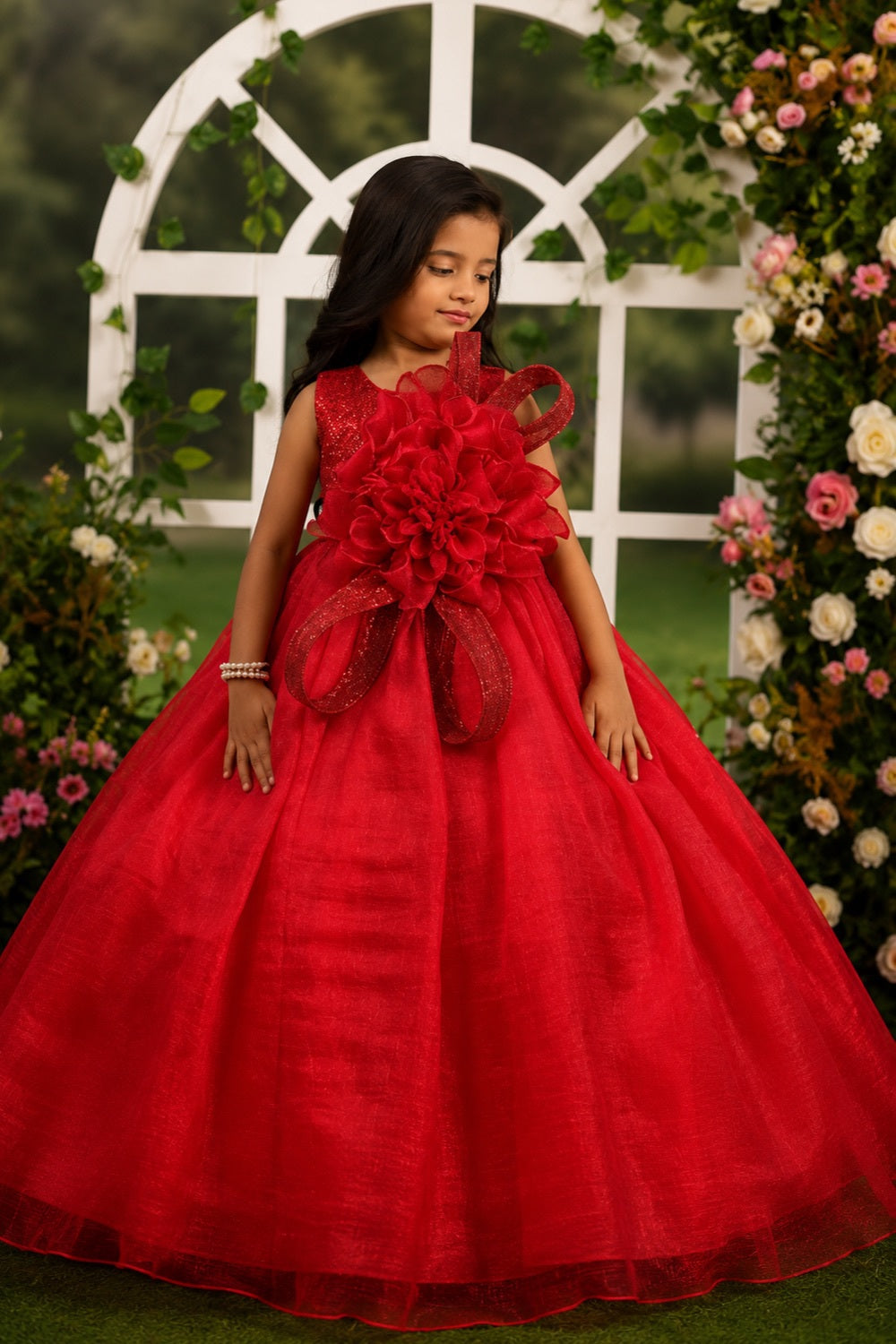 Girls Red Floral Appliqué Party Gown with Layered Tulle Flare
