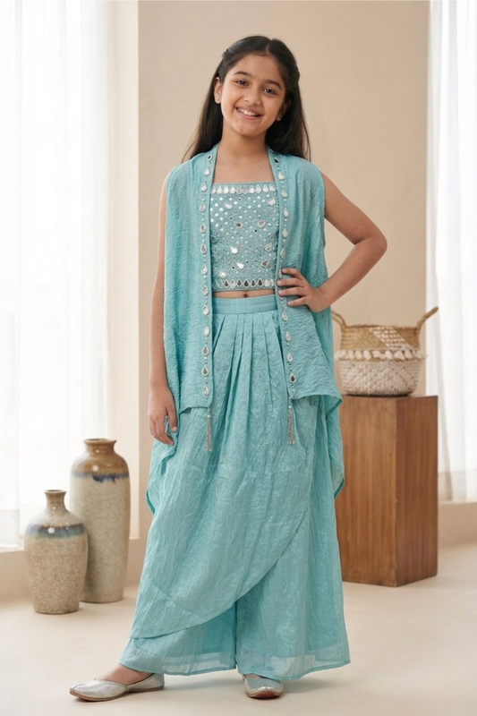 Powder Blue Glass Tissue Indo-Western Skirt Set with Shrug for Girls