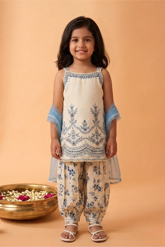 Ivory & Powder Blue Embroidered Kurta Set with Dhoti Pants & Dupatta