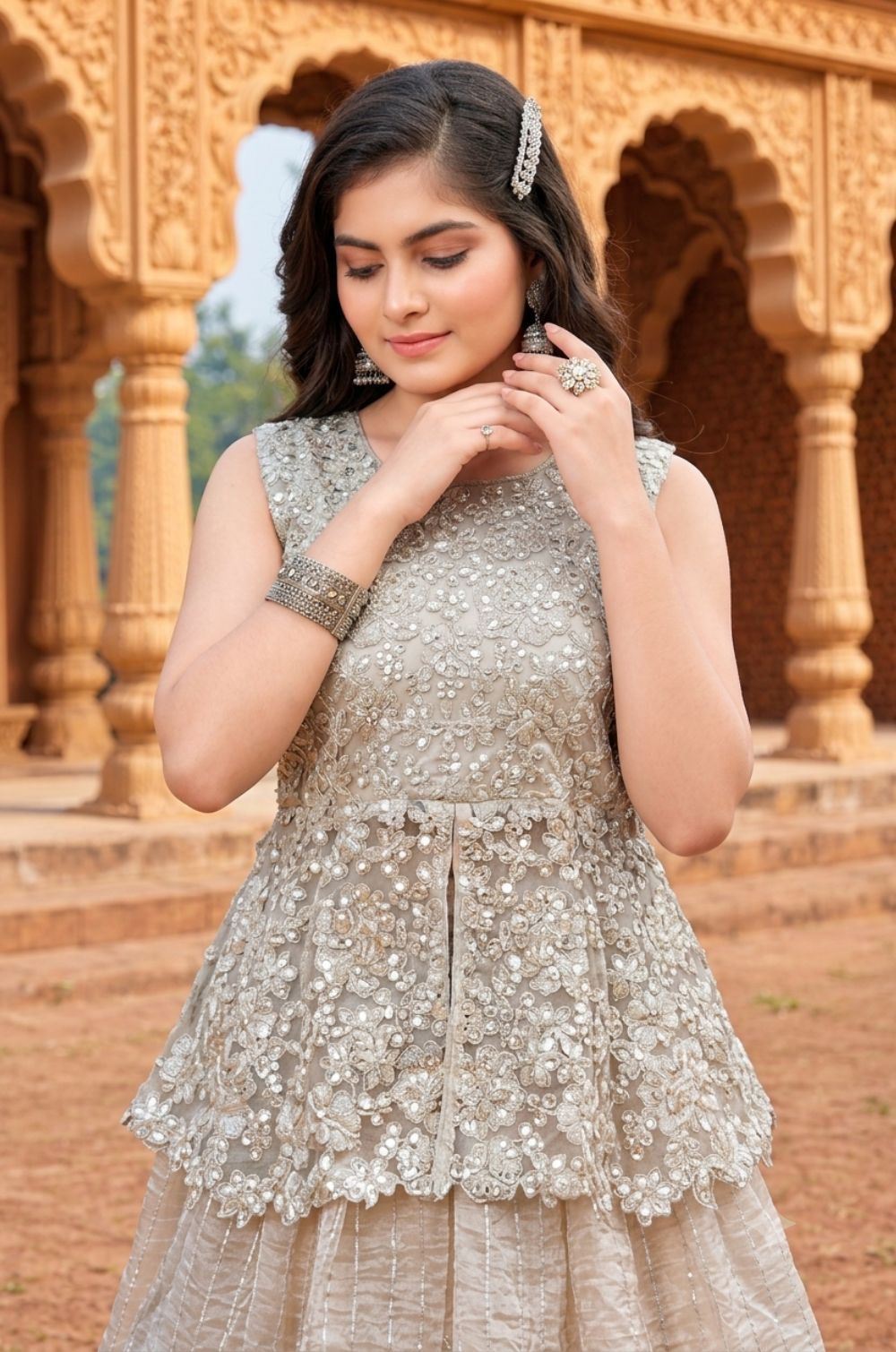 Girls Ivory Embroidered Designer Lehenga Set with Peplum Top