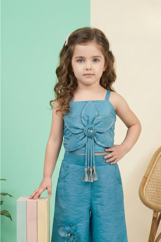 Teal Blue Floral Appliqué Palazzo Set for Girls – Elegant Western Co-ord