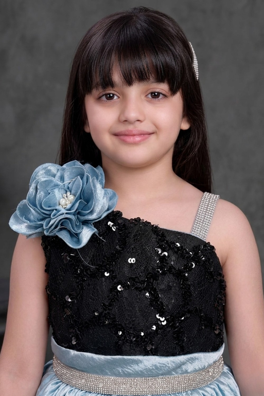 Powder Blue & Black One-Shoulder Party Frock with Sequin Bodice & Floral Accent