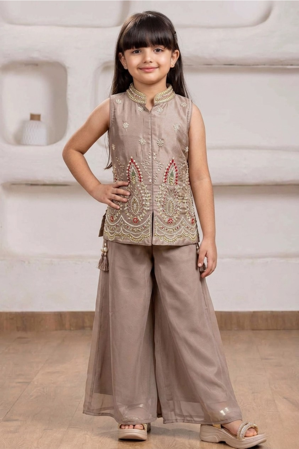 Mushroom Brown Embroidered Silk Top & Palazzo Set with Dupatta for Girls