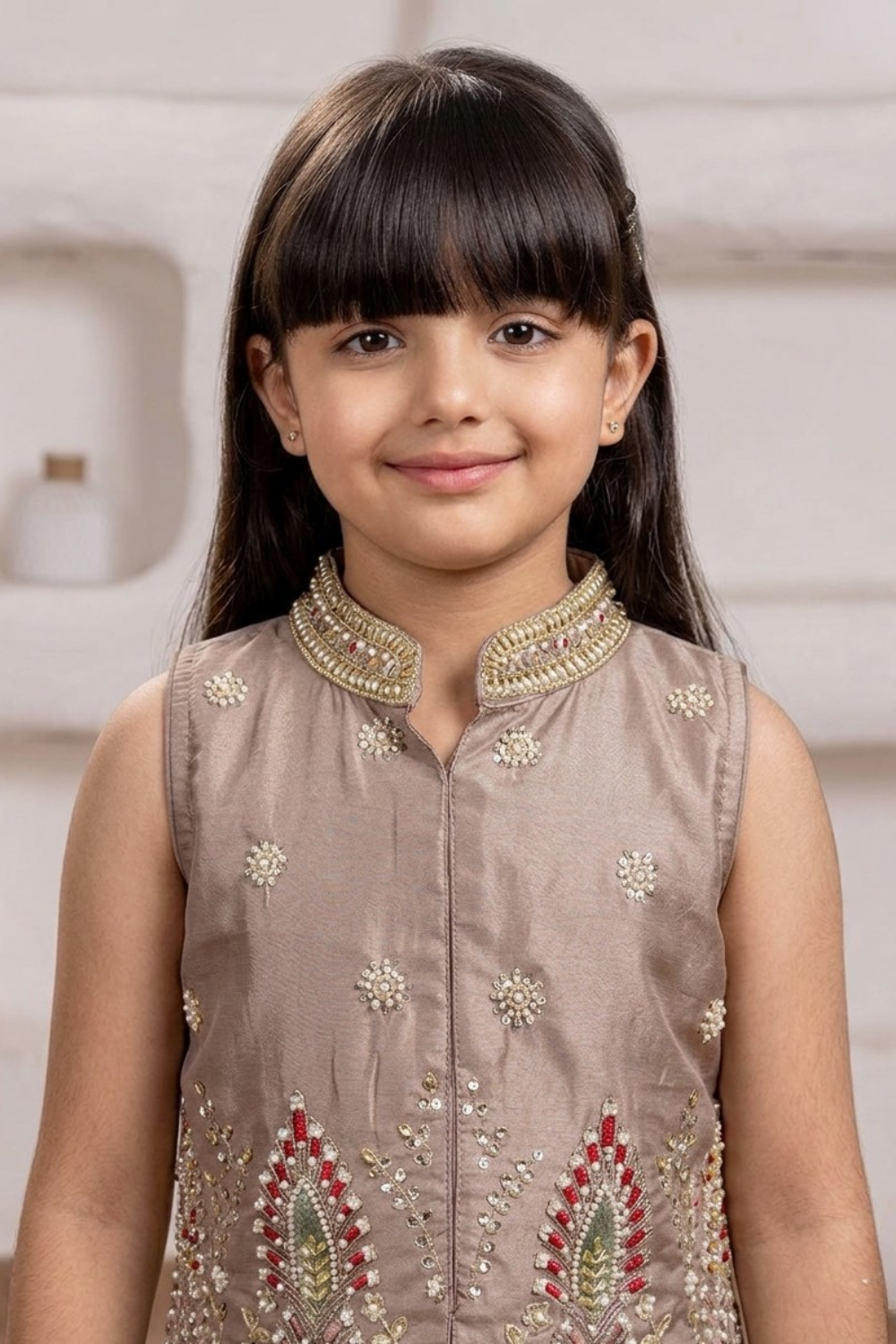 Mushroom Brown Embroidered Silk Top & Palazzo Set with Dupatta for Girls
