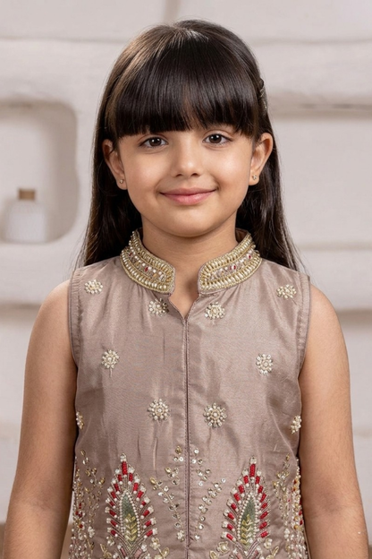 Mushroom Brown Embroidered Silk Top & Palazzo Set with Dupatta for Girls