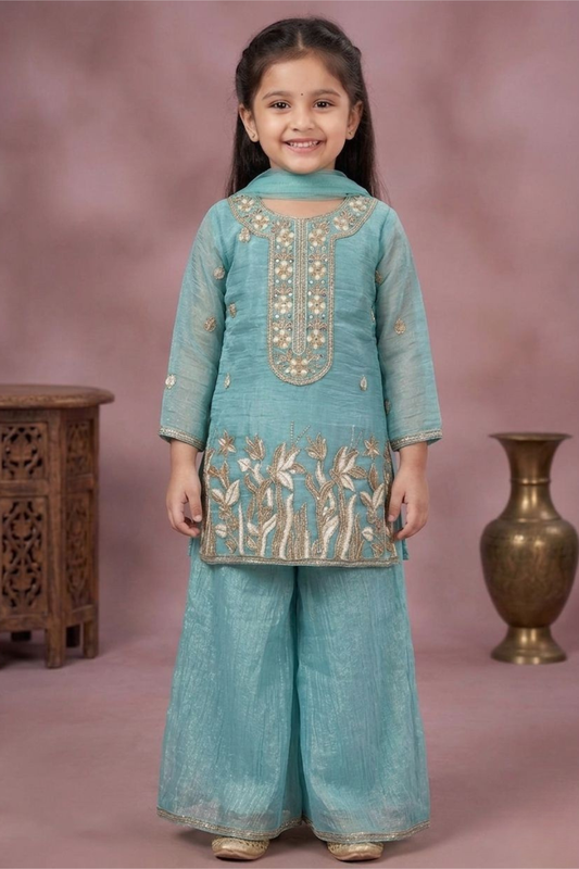 Powder Blue Embroidered Kurta Set for Girls with Dupatta