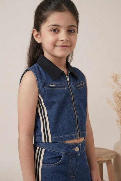Dark Blue Denim Co-ord Set with Zip-Up Top & Wide-Leg Pants for Girls