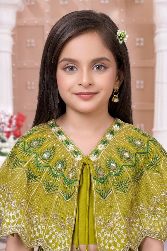 Girls Olive Green Embroidered Cape Style Palazzo Set