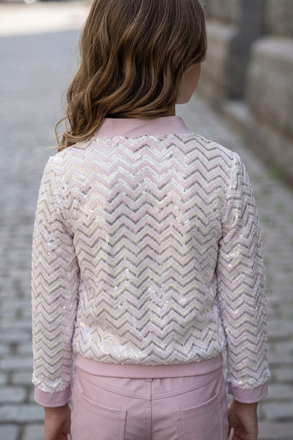 Blush Pink Sequin Jacket Co-ord Set with Printed Top & Skirt for Girls