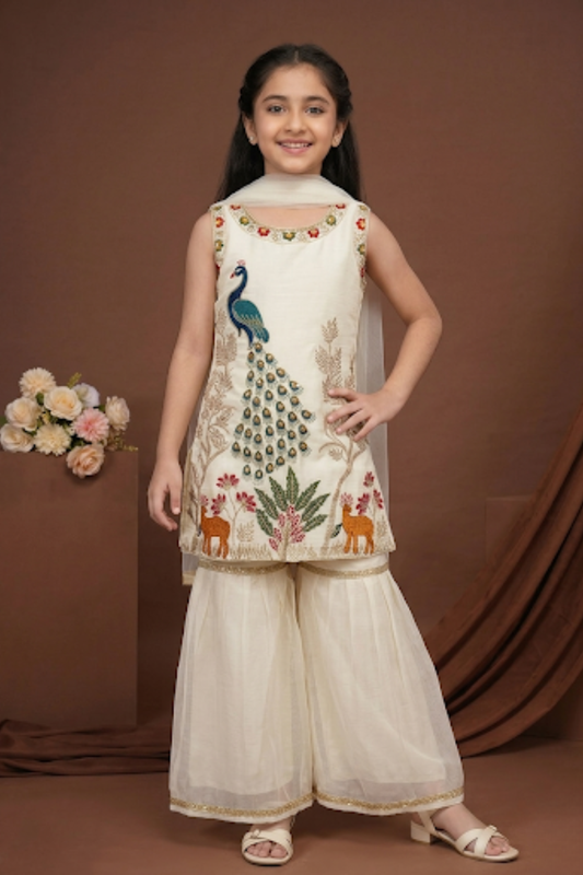 Off-White Chinon Embroidered Kurta & Sharara Set for Girls