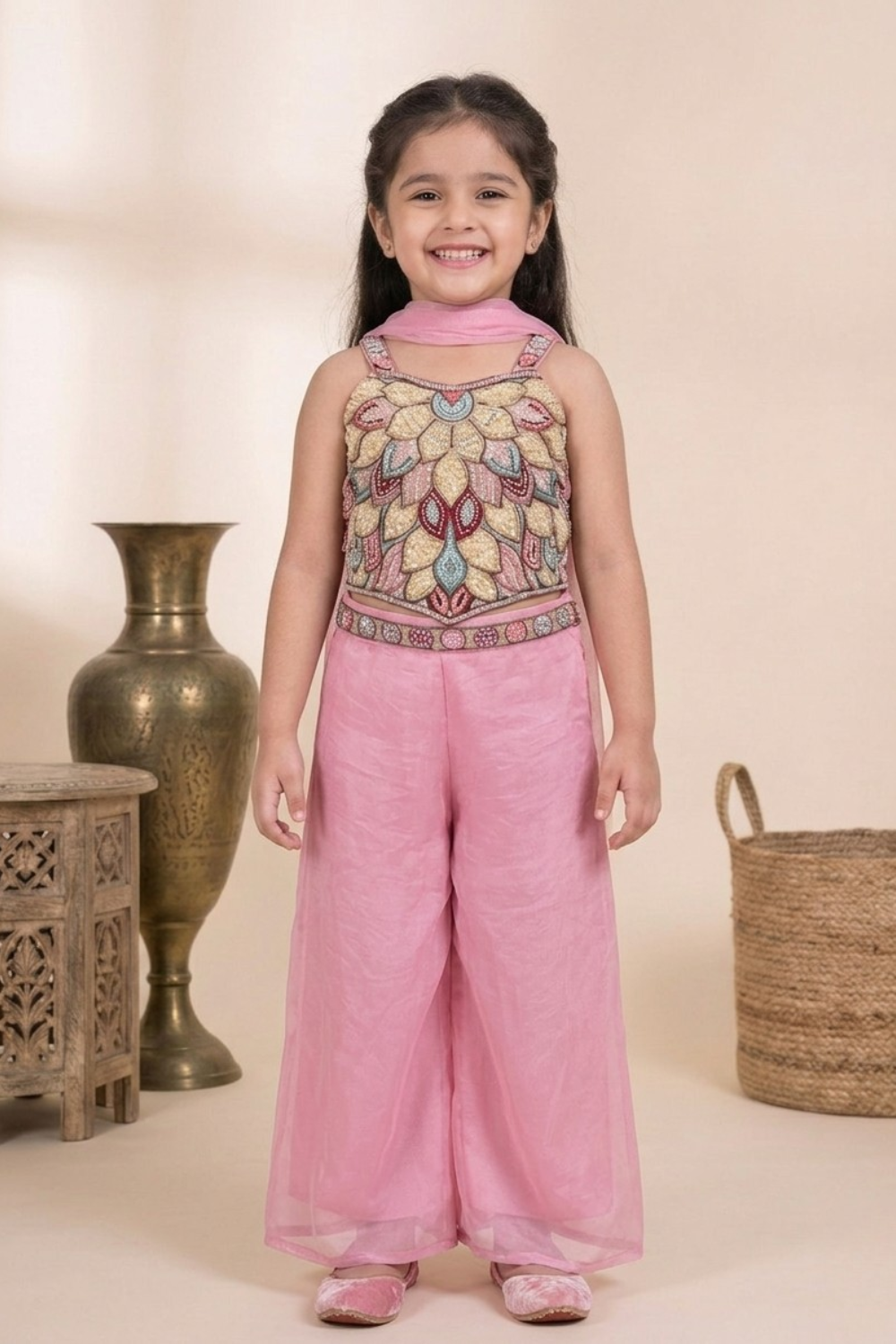 Blush Pink Premium Glass Tissue Embroidered Crop Top & Palazzo Set for Girls
