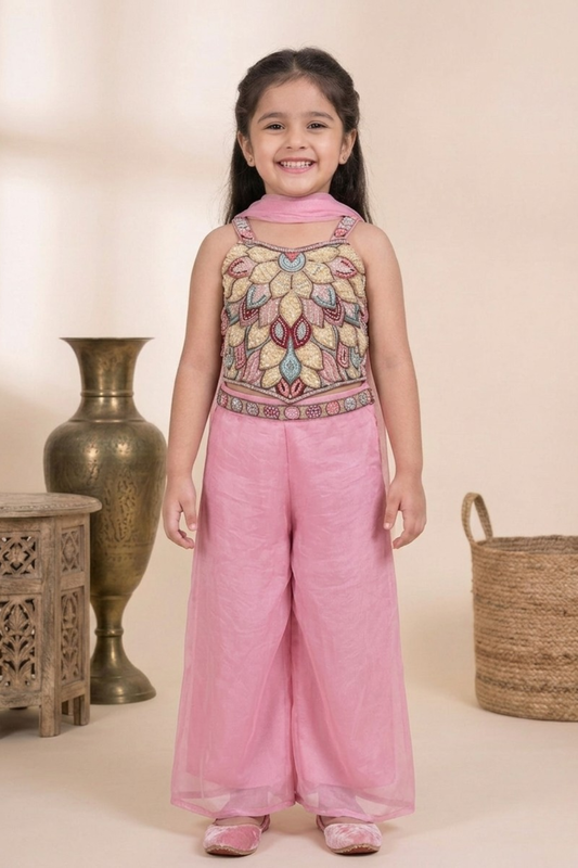 Blush Pink Premium Glass Tissue Embroidered Crop Top & Palazzo Set for Girls