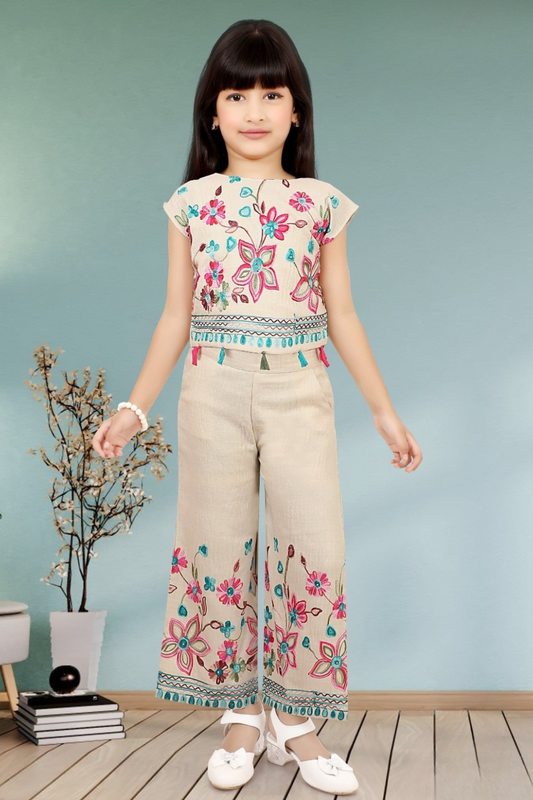 Beige Linen Cotton Blend Floral Embroidered Top & Palazzo Set for Girls