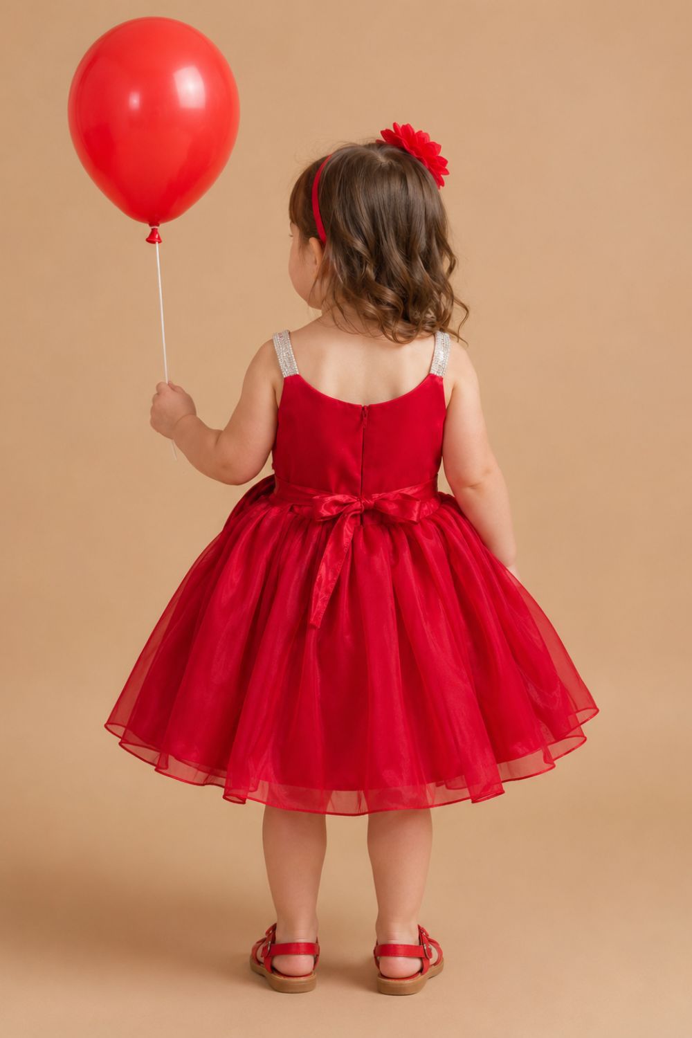 Girls Red Floral Appliqué Party Frock