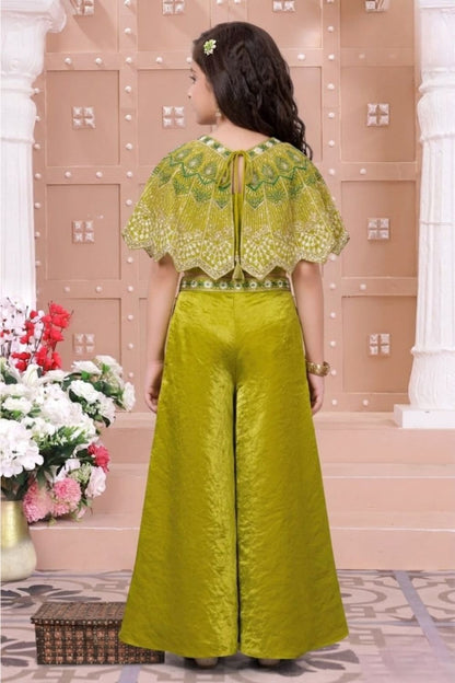 Girls Olive Green Embroidered Cape Style Palazzo Set