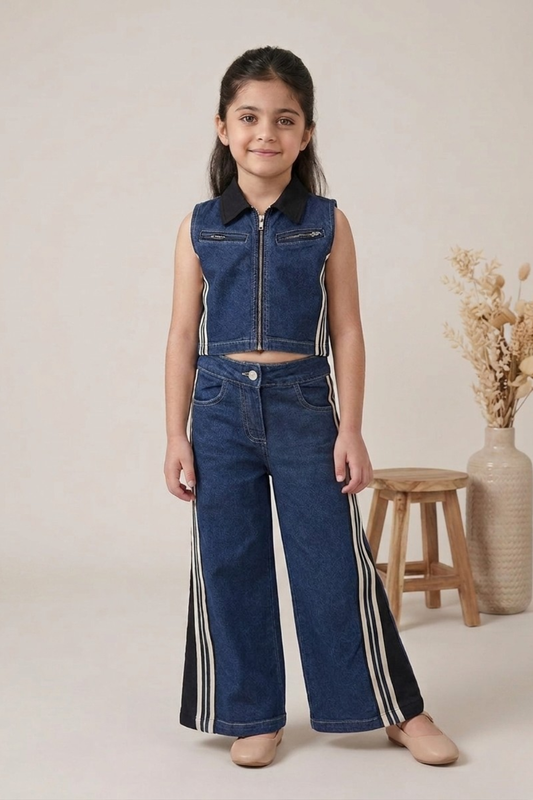 Dark Blue Denim Co-ord Set with Zip-Up Top & Wide-Leg Pants for Girls