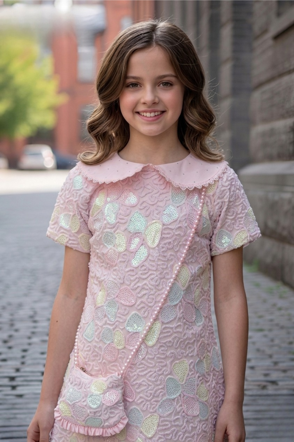 Pastel Pink Textured Dress with Collar & Sling Bag for Girls