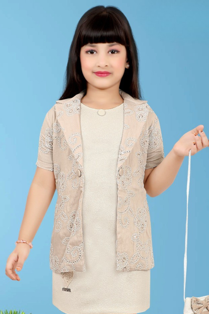 Beige Embroidered Dress with Jacket & Sling Bag Set for Girls