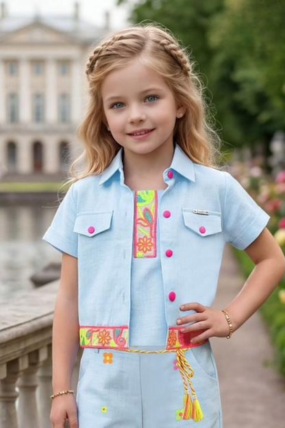 Sky Blue Linen Cotton Co-Ord Set for Girls with Floral Embroidery & Jacket