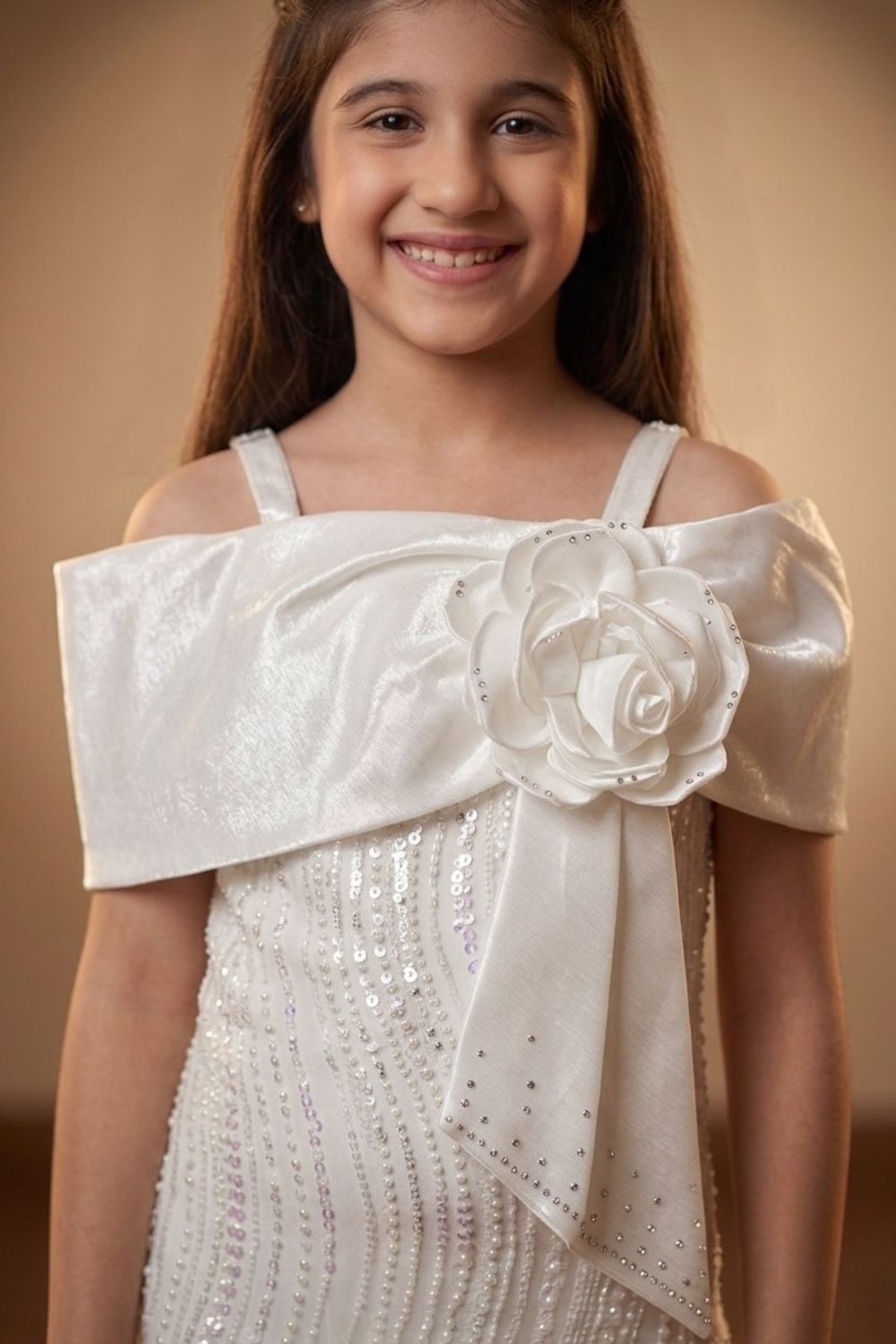 Girls White Sequin Fish Cut Party Gown
