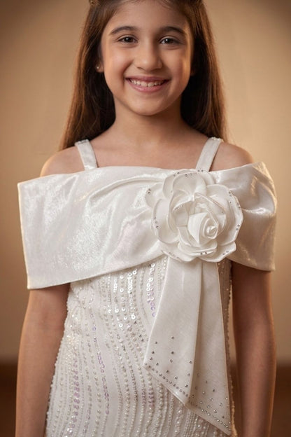 Girls White Sequin Fish Cut Party Gown