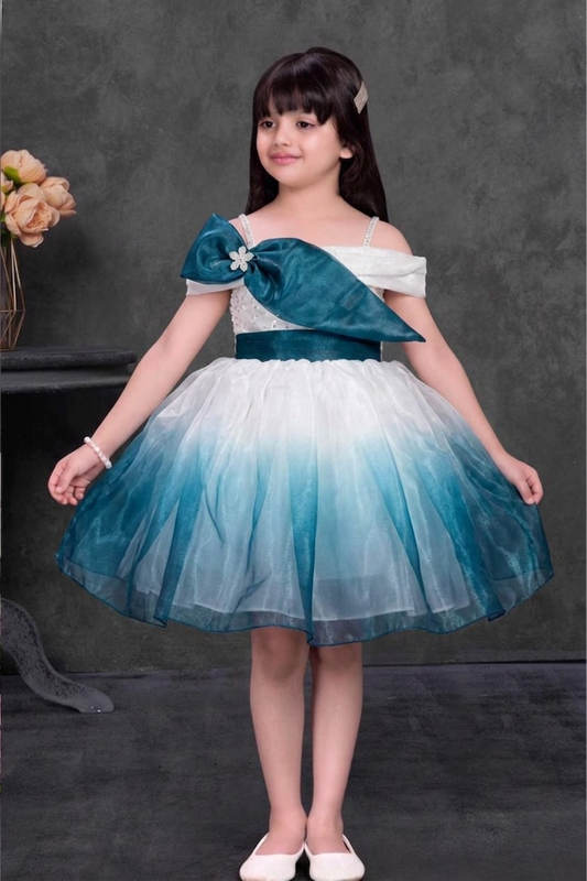 Girls Teal & Ivory Ombre Bow Party Frock