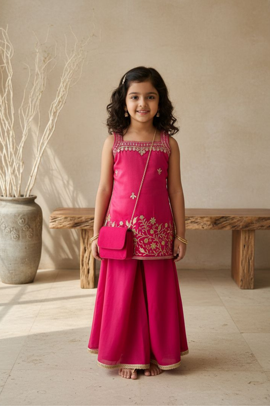 Rani Pink Chinon Embroidered Kurta Set with Flared Palazzo & Sling Bag