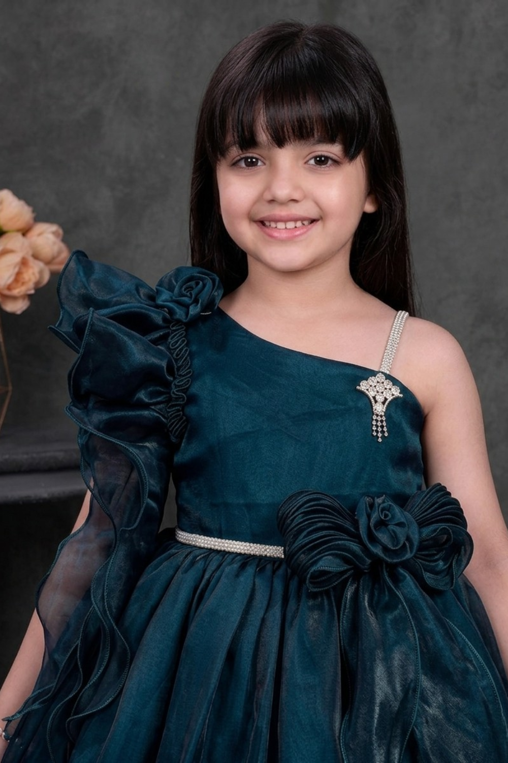 Girls Teal One Shoulder Ruffle Party Frock