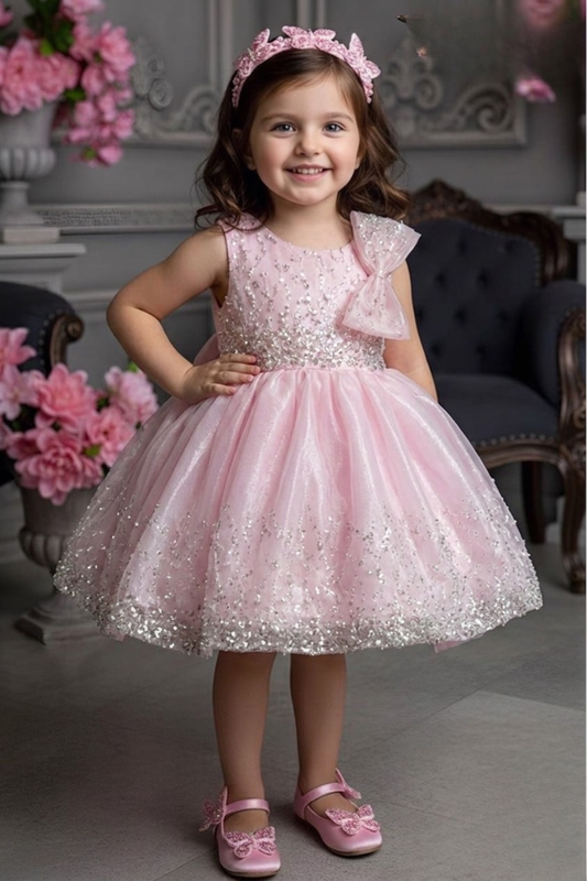 Blush Pink Sequin Embellished Party Frock with Bow Detail