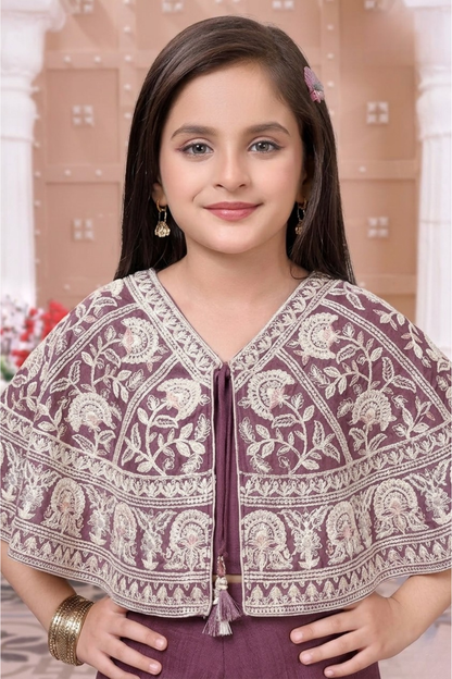 Girls Mauve Embroidered Cape Style Palazzo Set