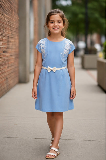 Girls Sky Blue Floral Embroidered A-Line Dress with Bow Belt