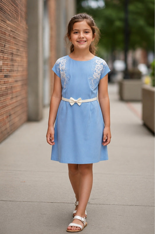 Girls Sky Blue Floral Embroidered A-Line Dress with Bow Belt