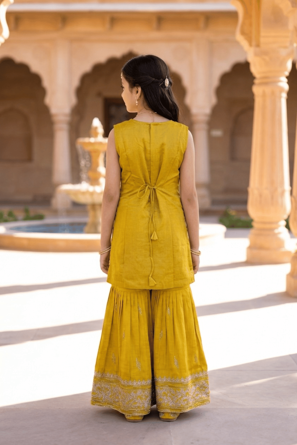 Girls Mustard Embroidered Ethnic Sharara Set