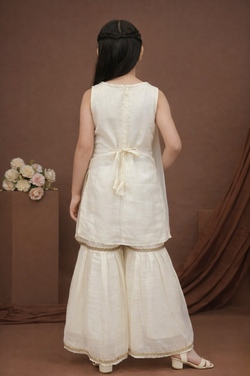 Off-White Chinon Embroidered Kurta & Sharara Set for Girls