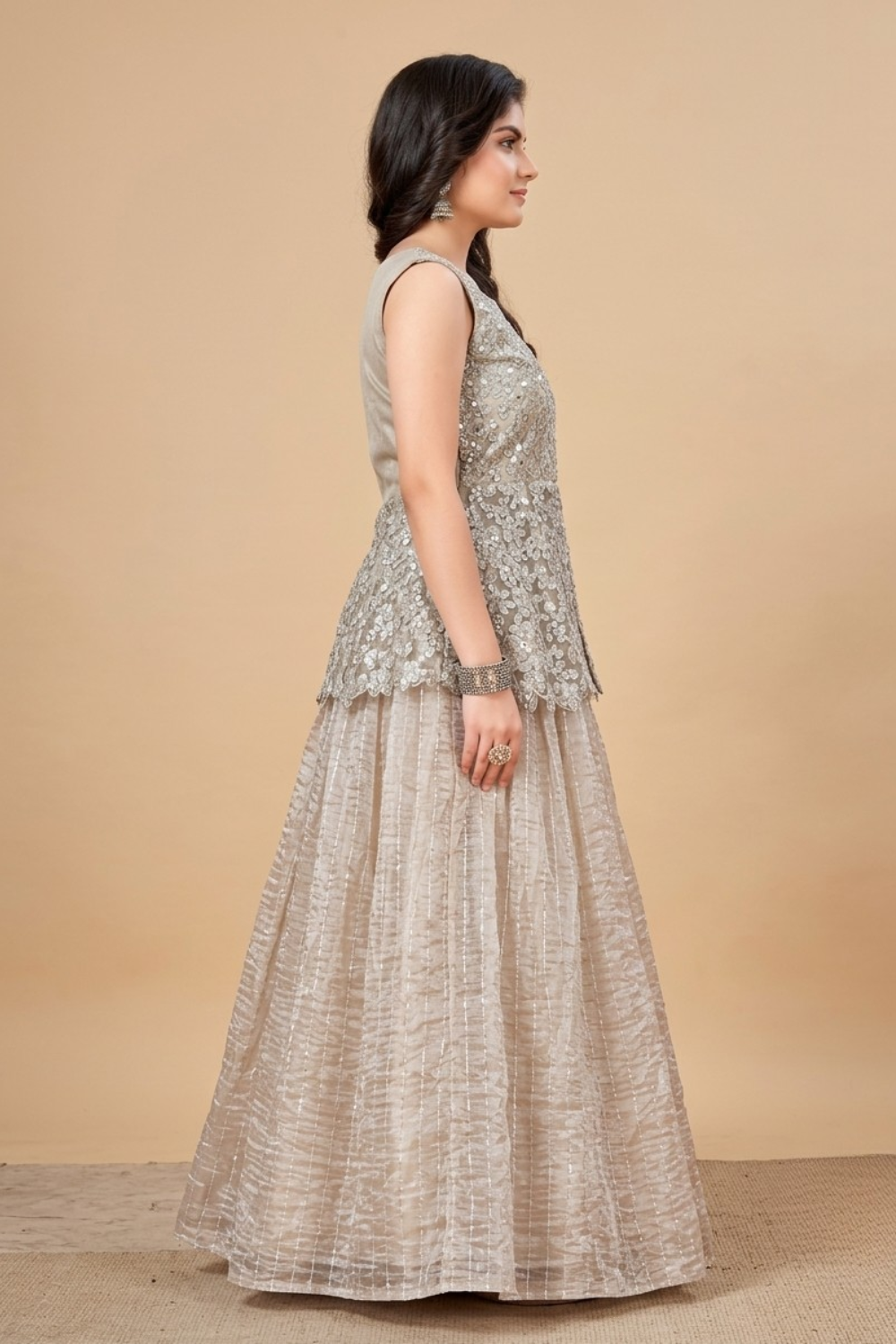 Girls Ivory Embroidered Designer Lehenga Set with Peplum Top