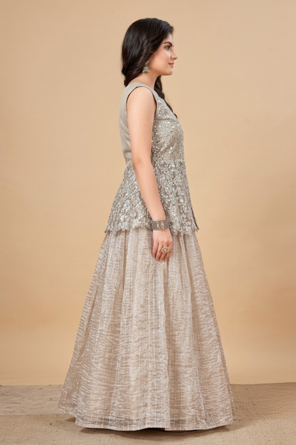 Girls Ivory Embroidered Designer Lehenga Set with Peplum Top