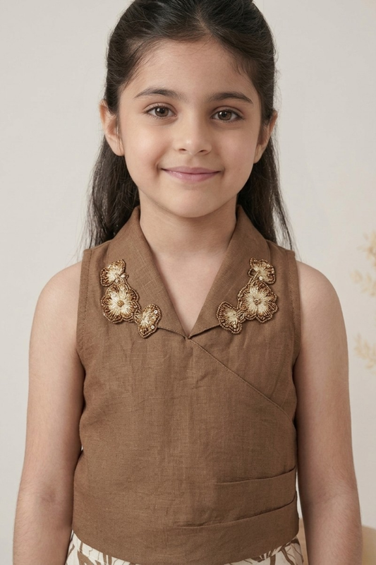Mocha Brown Embellished Wrap Top & Printed Palazzo Set for Girls