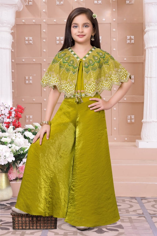 Girls Olive Green Embroidered Cape Style Palazzo Set