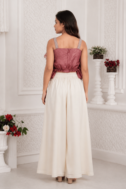 Girls Onion Ruffle Organza Top with Ivory Wide-Leg Palazzo Co-Ord Set