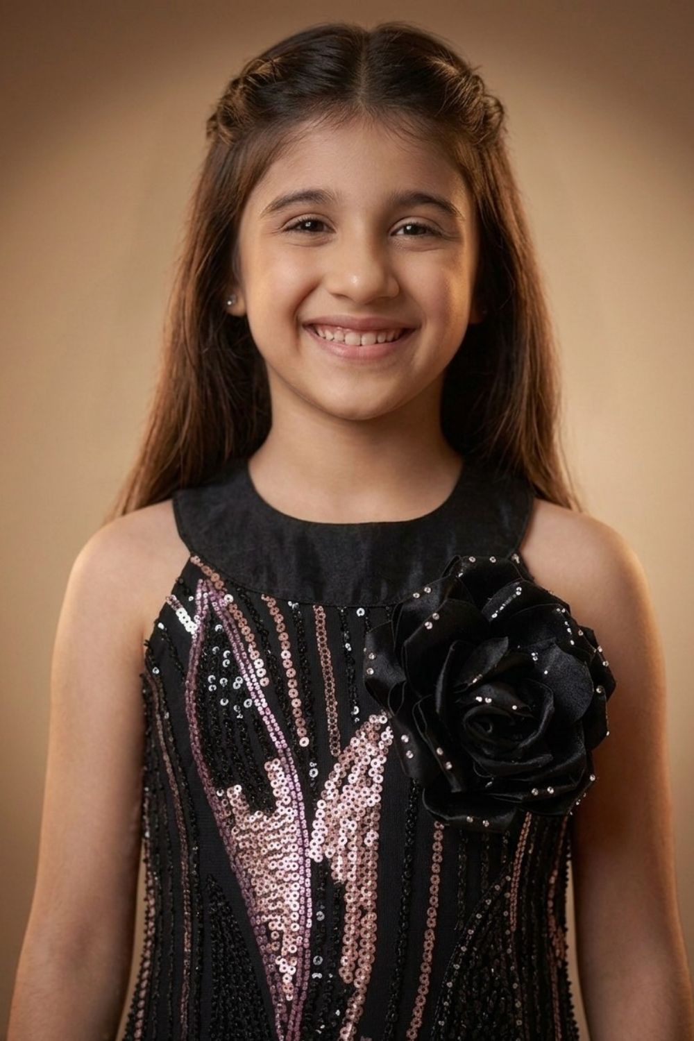 Girls Black Sequin Fish Cut Party Gown with Detachable Sheer Sleeves & 3D Floral Appliqué