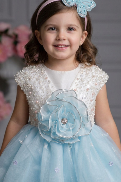 Powder Blue Pearl Embellished Party Frock with 3D Floral Accent