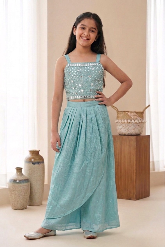 Powder Blue Glass Tissue Indo-Western Skirt Set with Shrug for Girls