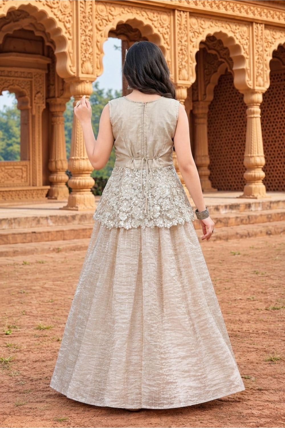 Girls Ivory Embroidered Designer Lehenga Set with Peplum Top