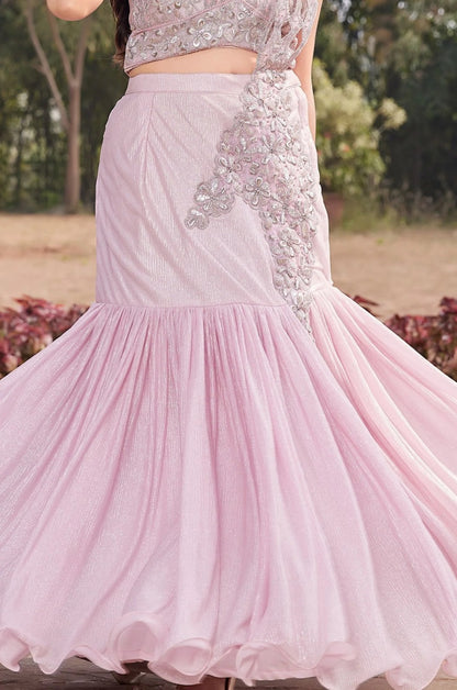 Girls Blush Pink Embroidered Fish Cut Lehenga Set with Dupatta