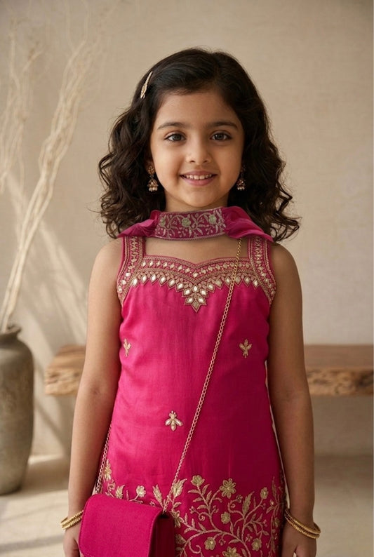Rani Pink Chinon Embroidered Kurta Set with Flared Palazzo & Sling Bag