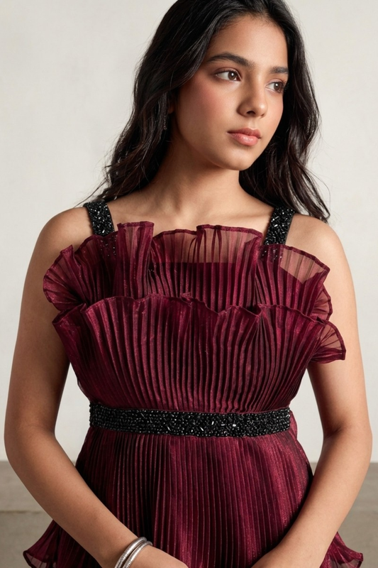 Girls Wine Pleated Co-Ord Set with Embellished Top & Straight Pants