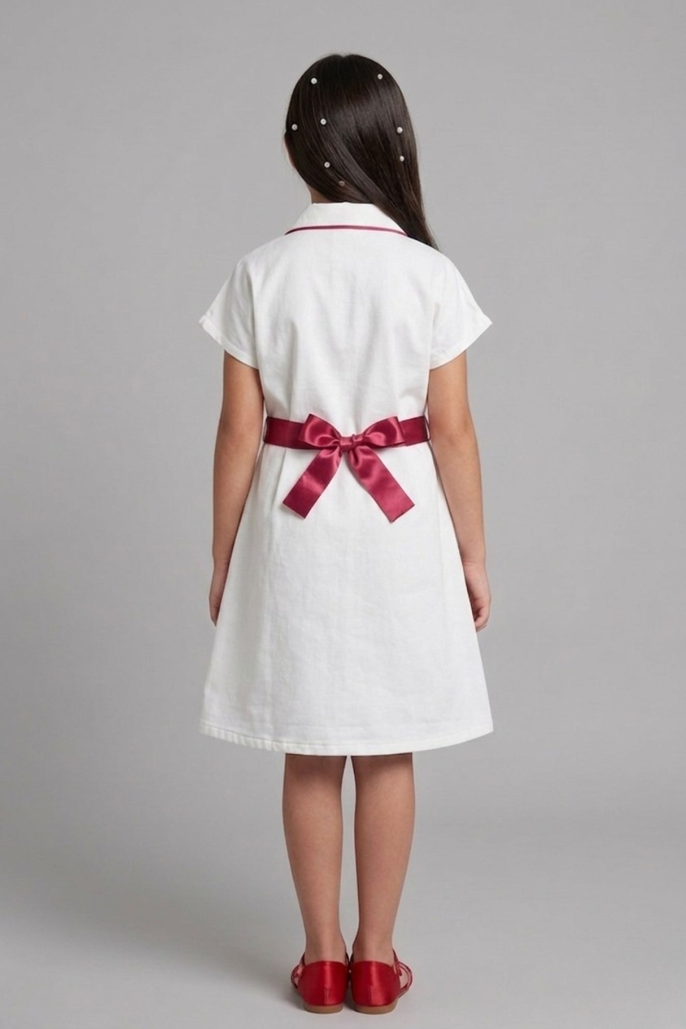 Ivory Shimmer Shirt Dress with Cherry Red Bow Belt for Girls