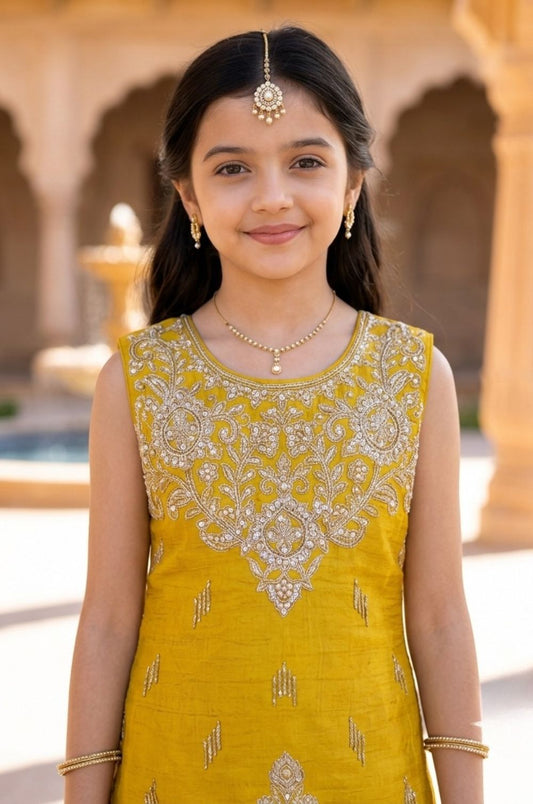 Girls Mustard Embroidered Ethnic Sharara Set