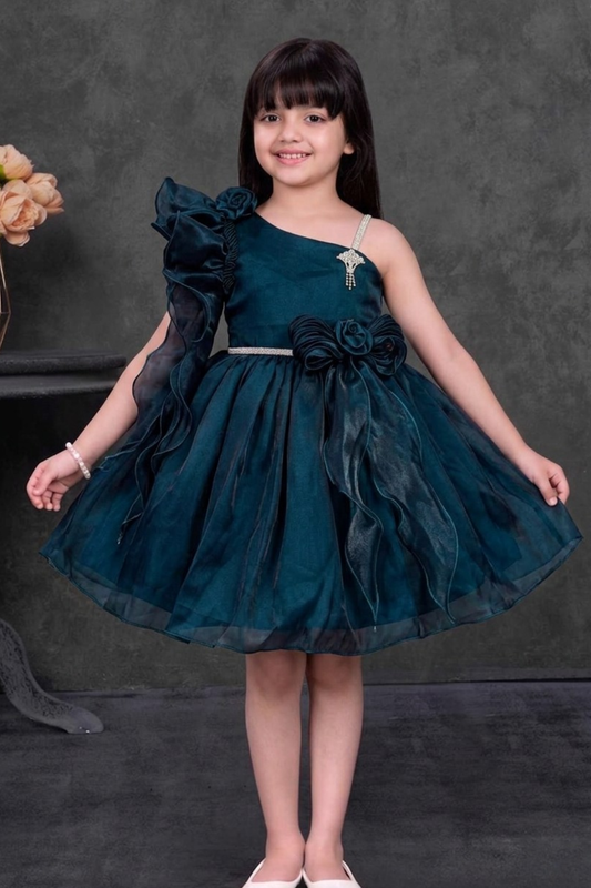 Girls Teal One Shoulder Ruffle Party Frock